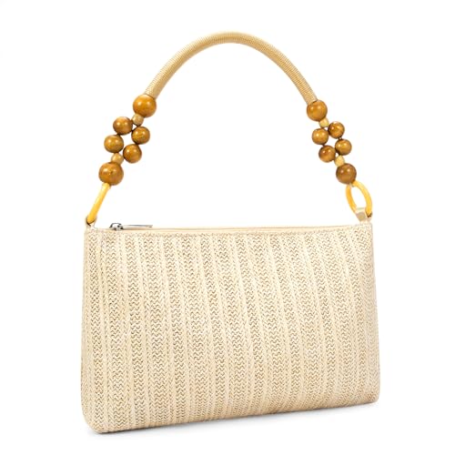 Image of YYW Straw Beach Bag with Zipper Straw Purse Beach Purse Weave Shoulder Vacation Tote Handbags