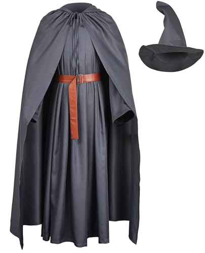 Powumie Wizard Costume Men Adult Renaissance Tunic Robe White Hooded Outfit Cloak Cape Belt Accessories Medieval Suit