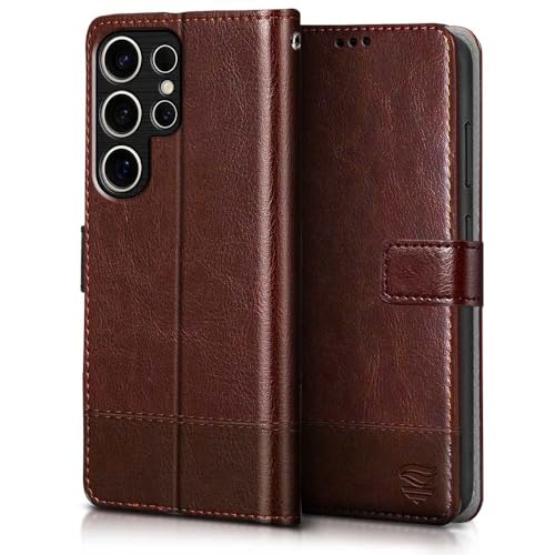 Image of FLIPPED Vegan Leather Flip Case Back Cover for Samsung Galaxy S25 Ultra 5G (Flexible, Shock Proof | Hand Stitched Leather Finish | Card Pockets Wallet & Stand | Tan with Brown)