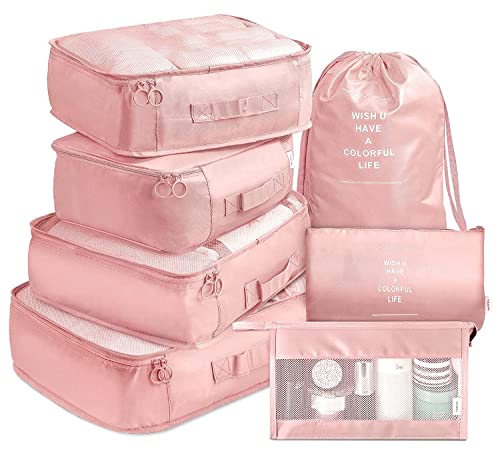 FLYNGO 7 Pcs Travel Organizer Pouch Packing Cubes for Clothes Space Savers Bags Cosmetics/Underwear/Socks/Shoes Toiletry Bag Laundry Organiser (Pink, Nylon)