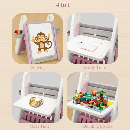Image of Little Olive 3 in 1 Kids Activity Table and Chair Set with Drawing Board and Easel | Pink Convertible Study Desk for Children | DIY Space Saving Learning Station for Toddlers Ages 3 to 7 Years