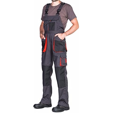 Mens Bib and Brace Overalls, Dungarees Men Black, Big Sizes, Work Trousers for Man, Knee Support with Knee Pads Pockets, Kneepad, Mens Work Trousers, Work Pants, Heavy Duty, Black/Orange, 52-W36 Cover