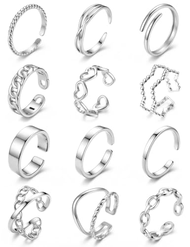 JeweBella 12 Pièces Bague Acier Inoxydable Femme Bague Femme Or/Argent Plaqué Or 18K Inaltérables & Imperméables Bagues de Pouce Ouverte Réglables...