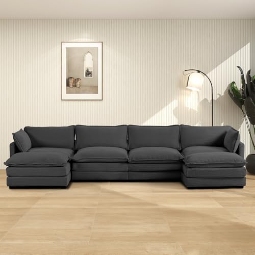 ROWHY 148'' Modular Sectional Cloud Couch with 2 Movable Ottomans, Oversized 6 Seat Modern Corduroy Sofas, Deep Seat U Shaped Couch for Living Room Bedroom Apartment,Dark Grey