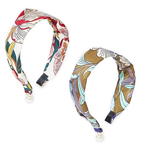 Vintage Bohemian Style Satin Headbands, Floral Print with Pearls for Women (2 Pack)