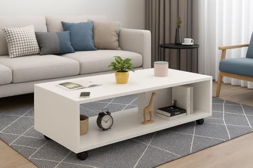 Image of MATTERHORN Wooden Coffee Table with Wheels & Storage Shelf | Modern Centre Table for Living Room, Tea & Drawing Room | Free Assembly, 80 x 40 x 40 cm (MOCT0126-R92101) (White Mist)