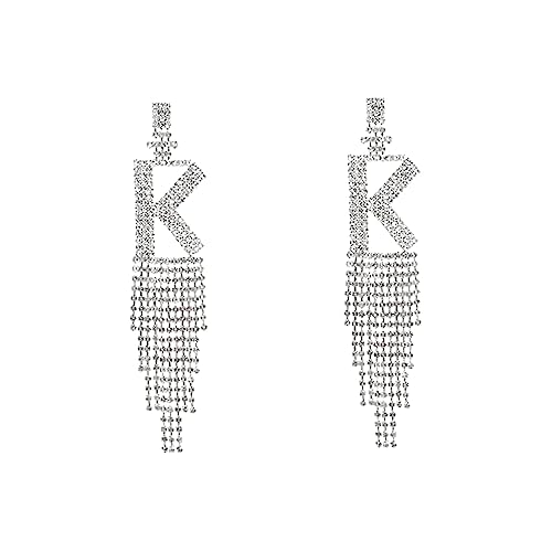 Initial Rhinestone Earrings Sparkle Alphabet Dangle Drop Earring Clear Crystal Tassel Exaggerated Chandelier Statement Stud Earrings for Women Party Jewelry Fashion Gifts Christmas Birthday (K)