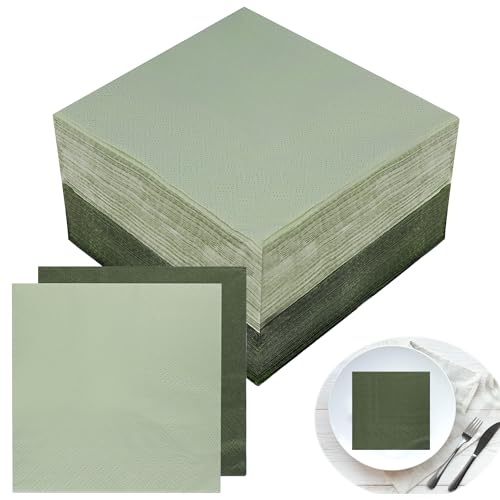 Lot de 100 serviettes de table vertes : 2 épaisseurs, 25 x 25 cm, en fibre de bois, vert sauge, serviettes pliées, vert eucalyptus, pour mariage,...