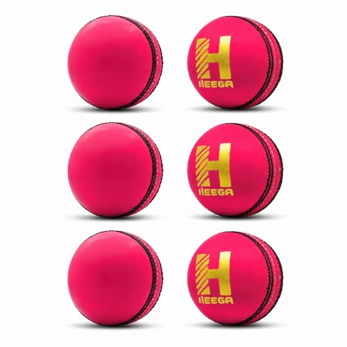 Image of Heega Premium Pink Leather Cricket Ball for Day Night Matches | Durable Hand Stitched Seam | Alum Tanned High Visibility | Excellent Swing & Shape Retention (Pack of 6)
