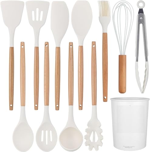 Image of Barebeauty 12 Pcs Silicone Kitchen Utensils Set with Holder Heat Resistant Silicone Spatula | Turner Set Wooden Spoons Kitchen Tools | Cooking Utensils for Nonstick Cookware (Cream)