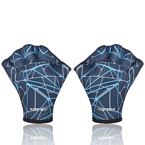 Amfun Aquatic Gloves, Webbed Swimming Gloves, Water Training Paddle With Adjustable Wrist Strap, Aquatic Fitness Accessories For Diving Surfing Hand Men Women（Blue - M Size） #TOP1
