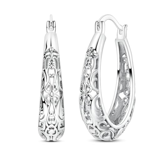 Image of NARMO 925 Sterling Silver Vintage Filigree Oval Hoop Earrings for Women