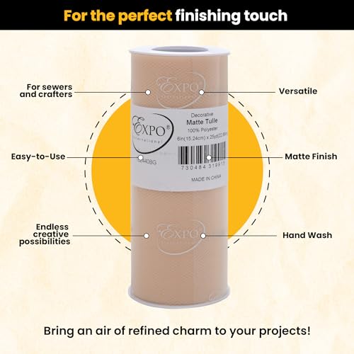 Image of Expo International Decorative Matte Tulle, Roll /Spool of 6 Inch x 25 Yards (Pack of 1), Polyester-Made Tulle Fabric, Matte Finish, Lightweight, Versatile, Washable, Easy-to-Use, Beige