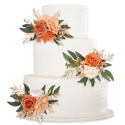 Wedding Cake Toppers 3PCS Terracotta Wedding Decor Faux Cake Flowers Floral Cake Decorations for Wedding Anniversary Birthday Party Home(Chic Terracotta)