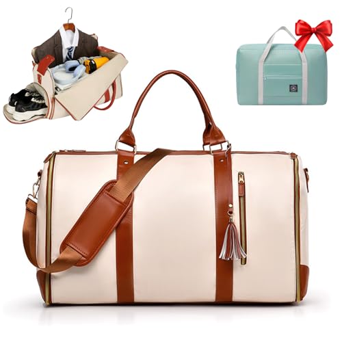 Styleushaven Foldable Travel Bag 2.0, Waterproof Foldable Travel Bag with Wheels & Shoulder Strap, Multifunctional Pu Leather Duffel Bag with Toiletry Pocket & Shoes Compartment (White-without wheels)