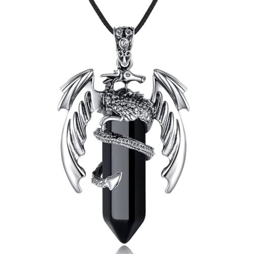 LEEQ Colgante Dragón Obsidiana - Collar Dragón con Piedra