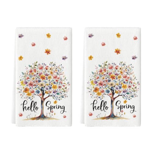 Artoid Mode Floral Tree Hello Spring Kitchen Towels Dish Towels, 18x26 Inch Farmhouse Summer Decoration Cleaning Set of 2
