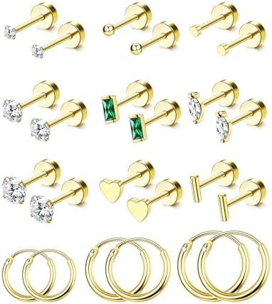SAILIMUE 14K Gold Plated Flat Back Stud Earrings for Women | Hypoallergenic Surgical Stainless Steel Earrings | Screw Back Earrings Sets for Multiple Piercing | Small Cartilage Earring Studs