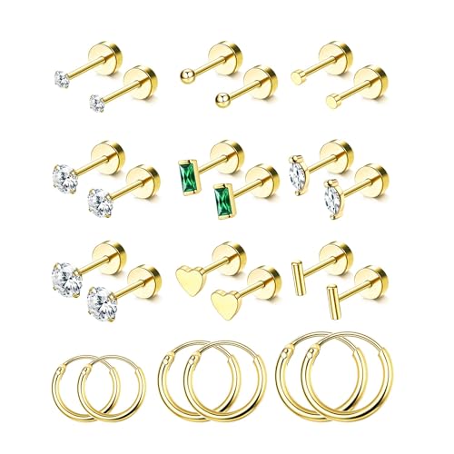 SAILIMUE 14K Gold Plated Flat Back Stud Earrings for Women | Hypoallergenic Surgical Stainless Steel Earrings | Screw Back Earrings Sets for Multiple Piercing | Small Cartilage Earring Studs