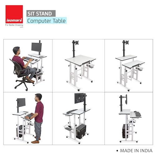 Image of Isomars Computer /Laptop Table with Adjustable Height & Angles, Sit Stand Table, Computer Desktop Workstation with Fixed Monitor Mount - Useful for Using Gadgets Like Desktop, Laptop, etc. (White)