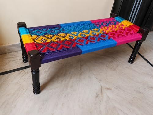 Image of Handwoven Wooden Bench | Traditional Rope Charpai Stool | Solid Wood Frame Seating for Living Room, Balcony & Outdoor | Durable & Stylish Design (Multicolor)