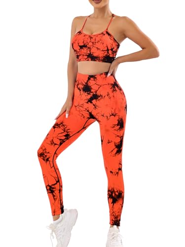 UONNOU Women Tie Dye Workout Sets Knit Seamless Cropped Tank Top Bra High Waist Leggings Yoga 2 Piece Exercise Outfits,Orange Black,M