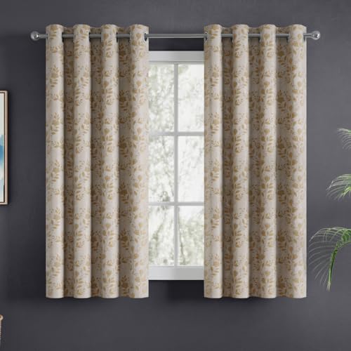 Image of haus & kinder Jacquard Window Curtains 5 Feet Long Pack of 2 Window Curtains, 5 Feet Curtains for Window (Leaf Meadow, Lemon 130x152 CM)