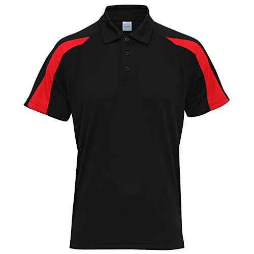 AWDis Just Cool - Polo transpirable de manga corta con franjasen contraste Hombre caballero - Verano/Deporte (2XL/Negro Jet/Rojo Fuego)