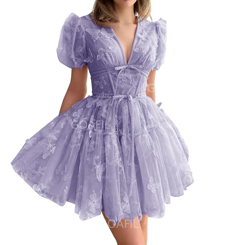 Tulle 3D Butterfly Homecoming Dresses Short with Sleeve V Neck Embroidered Cocktail Party Gowns