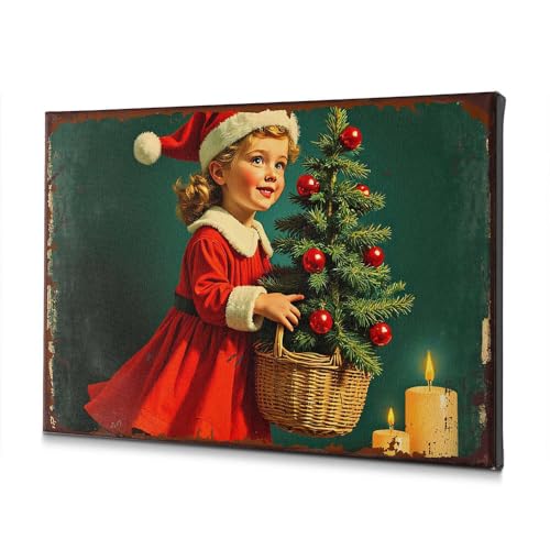 Toile Noël 30x40cm fille au sapin décoration murale idéale pour embellir le salon en fin d'année