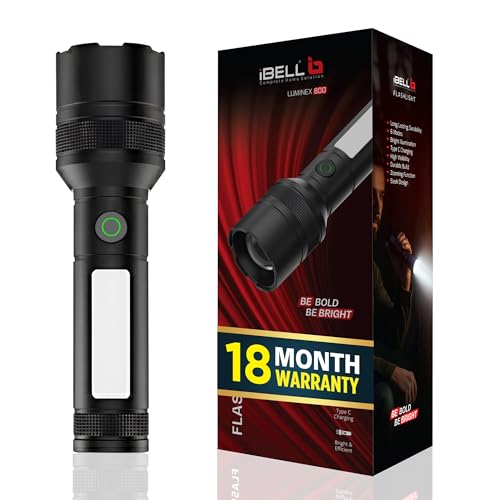 Image of IBELL LUMINEX 800 Rechargeable Torch Light High Power, 6 Light Modes, Telescopic Zoom, Type C Charging, LED Flashlight, Super Bright & Long Distance Range, for Home, Outdoor & Emergency Use (Black)