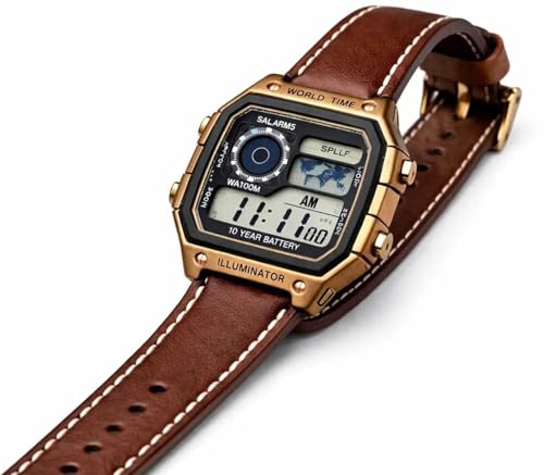 Image of Men's Digital World Time Watch with Brown Leather Strap, Alarm, Chronograph, Illuminator, 100M Water Resistant