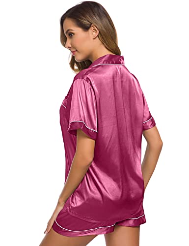 Image of SWOMOG Womens Pajamas Set Silk Satin Sleepwear Short Sleeve Nightwear Button Down Pj Lounge