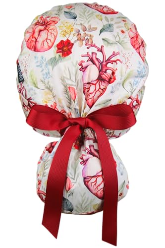 Image of Scrub Cap for Women and Men, Ponytail Scrub Caps, Working Hat, Head Cover with Ribbon Ties and Buttons, Long Hair