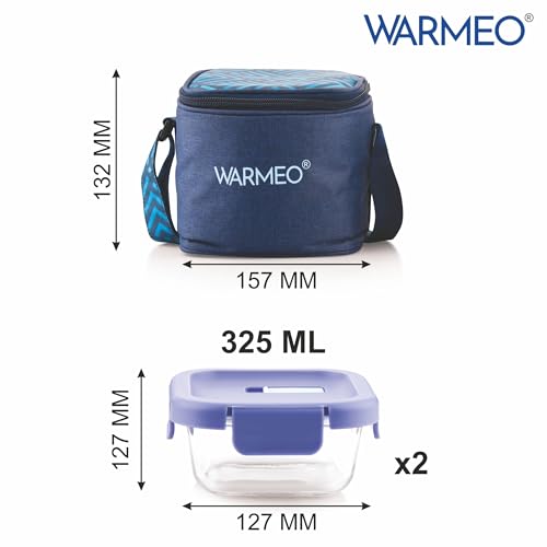 Image of WARMEO BOROFRESH 2 pc Square Borosilicate Glass Container (325 ml Each) | Leakproof, Microwave & Dishwasher Safe Lunch Box with Bag for Office, College & School
