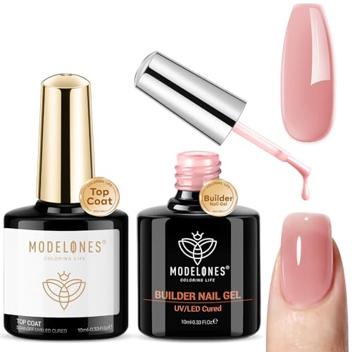 Image of modelones Builder Nail Gel with Gel Top Coat, 8-In-One Nude Pink Builder Acid Free Top Coat for Color Rubber Base Nail Polish Thickening Apex Building Shine Finish, LED Lamp Cured 10ml Home DIY Salon