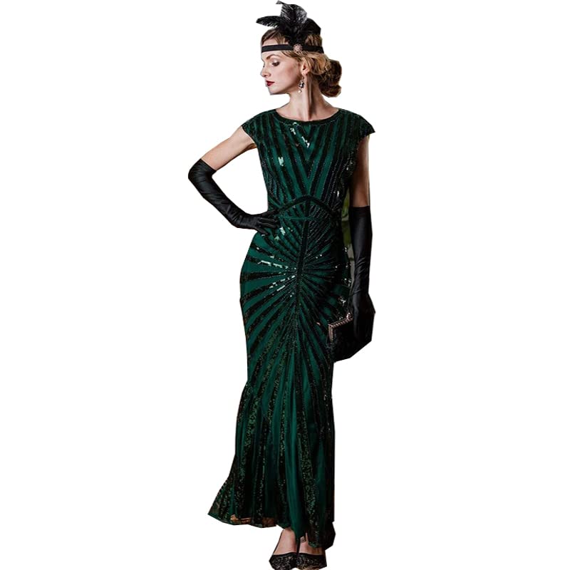 slim fit dress slacks Zapaka Women Black 1920s Flapper Dress V Neck Long Sleeves Vintage Dress with Fringes, Dark Green / M main image 1
