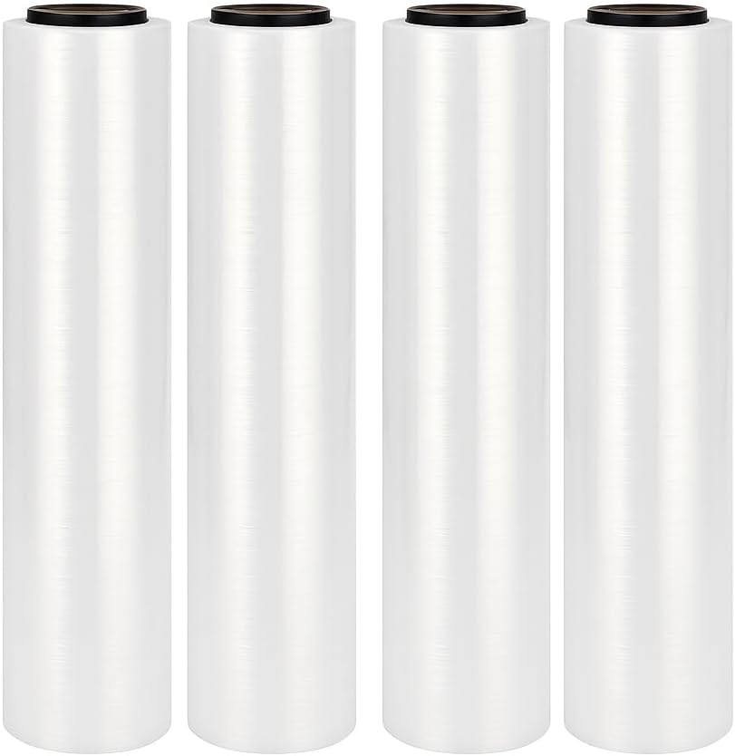 PRESS Hand Stretch Wrap Film 18 Inch x 1200 Feet - 4 Rolls per Case, 80 Gauge Industrial Pallet Wrap, Heavy Duty Clear Plastic Stretch Film
