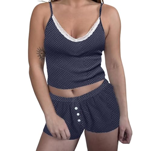 Image of Yuemengxuan Women Y2k Polka Dot Pajamas Sets 2 Piece Sexy Summer Outfits Set Sleeveless Strappy Cami Top Crop Top Shorts Set