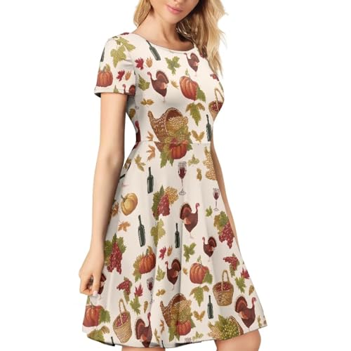 Image of HUGS IDEA Womens Puffy Swing Midi Dress Round Neck Short Sleeve Party A-Line Dresses