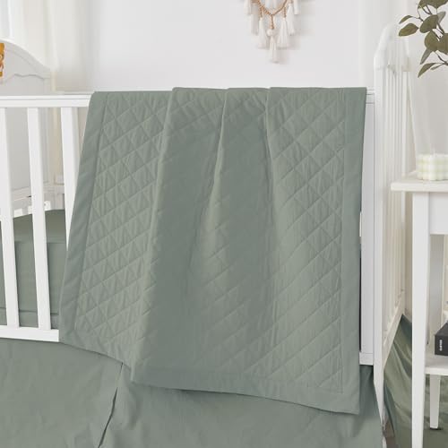 Image of Brandream Gender Neutral Boho Bohemian Baby Girl Boy Nursery 3 Pieces Crib Bedding Set Solid Green Farmhouse Chic Unisex Cozy 100% Washed Cotton Like Linen Supersoft