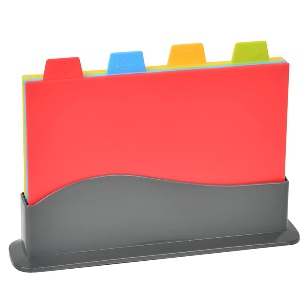 Set of 4 Plastic Chopping Boards with Intelligent Color Coding and Storage Stand High Temperature Resistant, Durable and Dishwasher Safe
