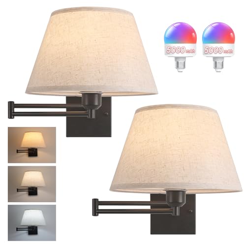 Image of Shenmoyl Battery Operated Wall Sconces Set of 2, Swing Arm Adjustable Wall Lamp 5000 mAh Rechargeable Bulb with 12 RGB Colors Dimmable Wall Sconce for Living Room Bedroom