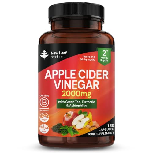 Apple Cider Vinegar Capsules 100% Pure ACV 2000mg - Added Acidophilus with Green Tea Turmeric & Black Pepper - 2 Months Supply - Tasteless & Vegan - Not ACV Gummies or Tablets - UK Made