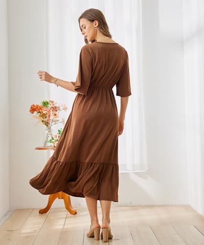 Image of Women's Summer Short Sleeve Maxi Floral Flowy Dresses with Pockets