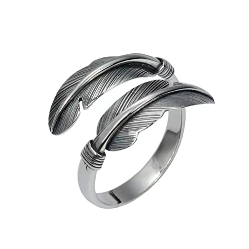 Women Adjustable Feather Rings Open Ethnic Vintage Engagement Rings Bridal Wedding Bands Couple Ring for Her (Silver, One Size)