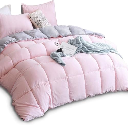 Image of KASENTEX Queen Comforter Set - Reversible Dual Color - Goose Down Alternative - Ultra-Soft, Lightweight, Machine Washable, Maintain Fluffiness, All Season Warmth (Pink Potpourri /Quartz Silver) | 250 GSM Fill, Ultra-Soft, Lightweight, Machine Washable, 1 Comforter + 2 Pillow Shams, Pink Potpourri /Quartz Silver
