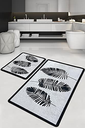 miqna Botanic Badematte Set 2 teilig rutschfeste Badteppich waschbar Badezimmerteppich Grün (Hoja, 60 x 100 cm - 50 x 60 cm) Cover