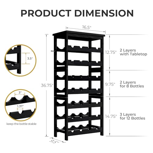 28-Bottle Wine Rack Free Standing Floor, Solid Wood 7-Tier Display Wine Storage Shelves with Tabletop, Wobble-Free Bottle Holder for Cellar Kitchen Bar Dining Room Living Room
