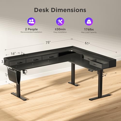 Image of WALKINGDESK 75 Inches Height Adjustable L Shaped Standing Desk with 5 Drawers and Monitor Shelf, Electric Sit to Stand Home Office Computer Table, Ergonomic Corner Gaming Desk, Black